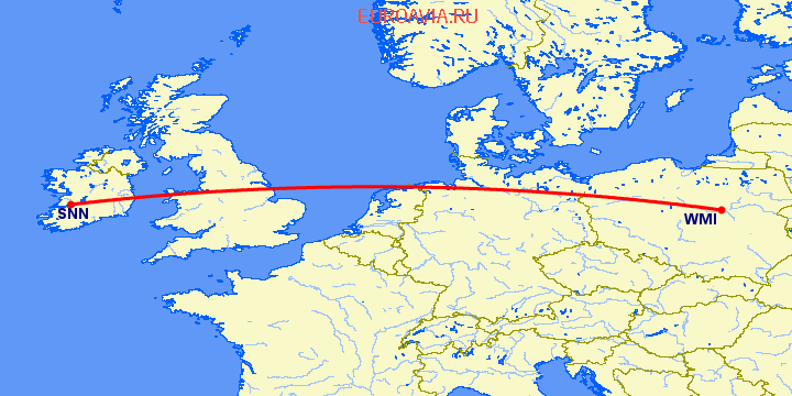 перелет Шеннон — Варшава на карте