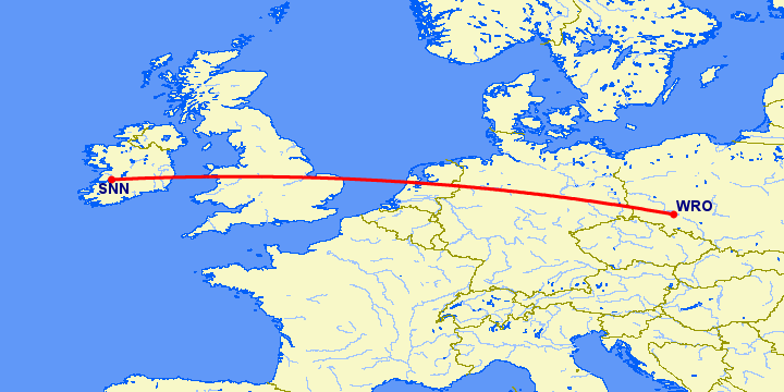 перелет Шеннон — Вроцлав на карте