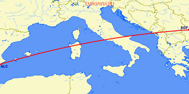 перелет София — Аликанте на карте