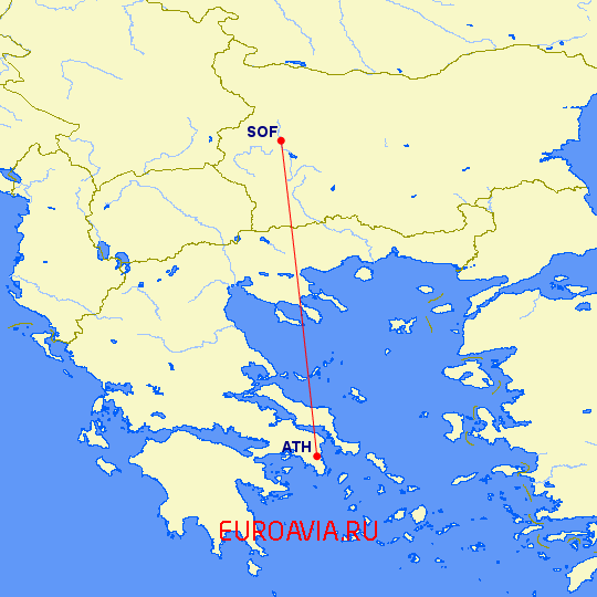 перелет София — Афины на карте