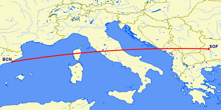 перелет София — Барселона на карте