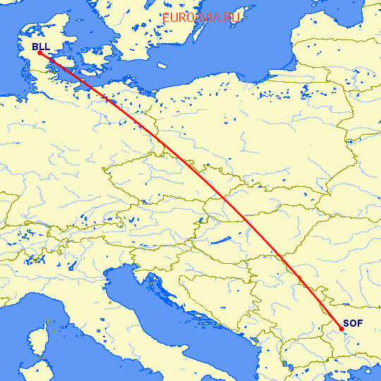 перелет София — Биллунд на карте