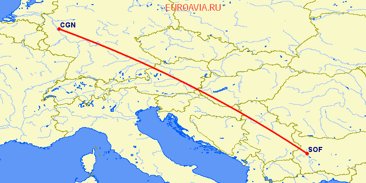 перелет София — Кельн на карте