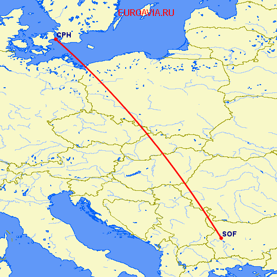 перелет София — Копенгаген на карте