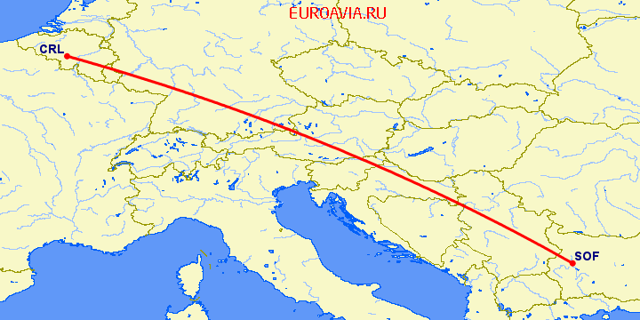 перелет София — Шарлеруа на карте