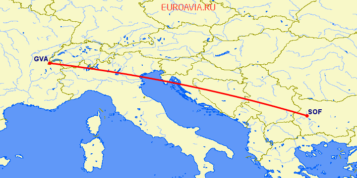 перелет София — Женева на карте