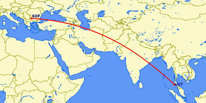 перелет София — Пхукет на карте