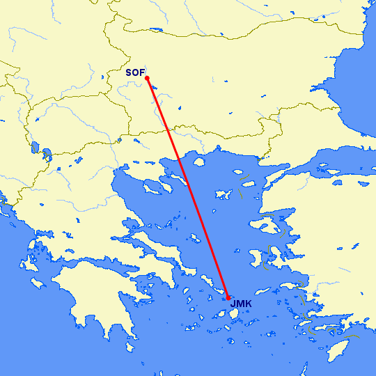 перелет София — Миконос на карте