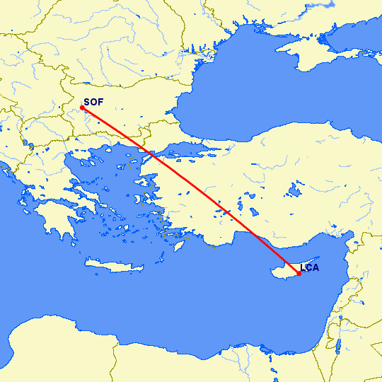 перелет София — Ларнака на карте