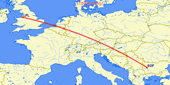 перелет София — Ливерпуль на карте