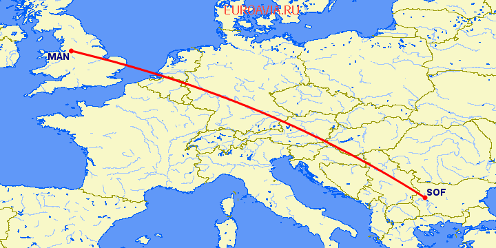 перелет София — Манчестер на карте