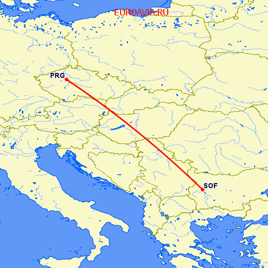 перелет София — Прага на карте