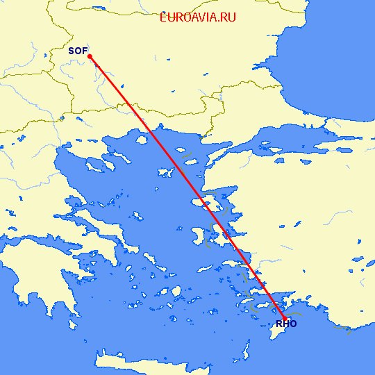 перелет София — Родос на карте