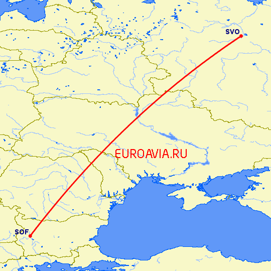 перелет София — Москва на карте