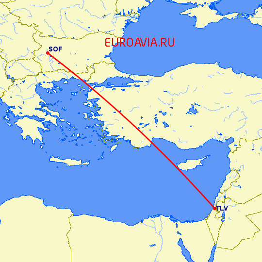 перелет София — Тель Авив на карте