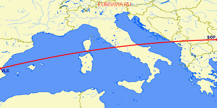 перелет София — Валенсия на карте