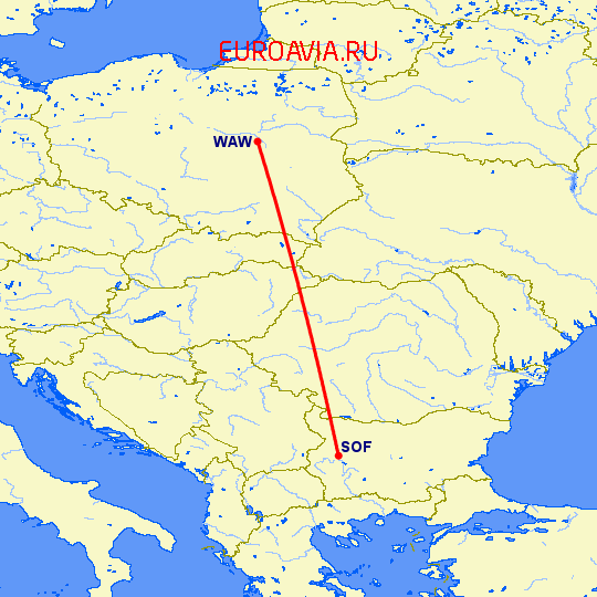 перелет София — Варшава на карте