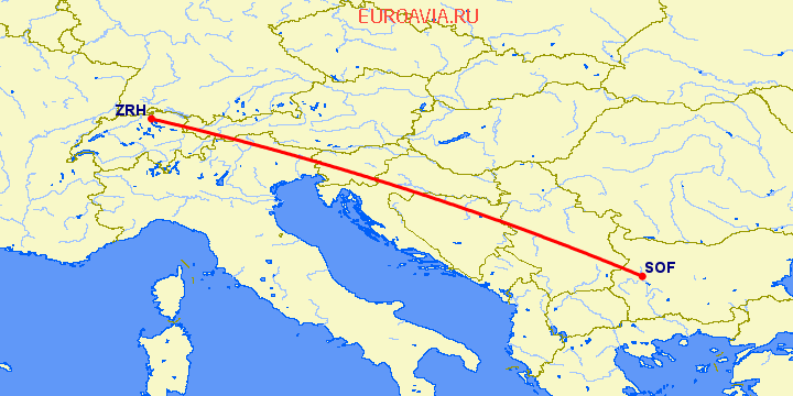 перелет София — Цюрих на карте