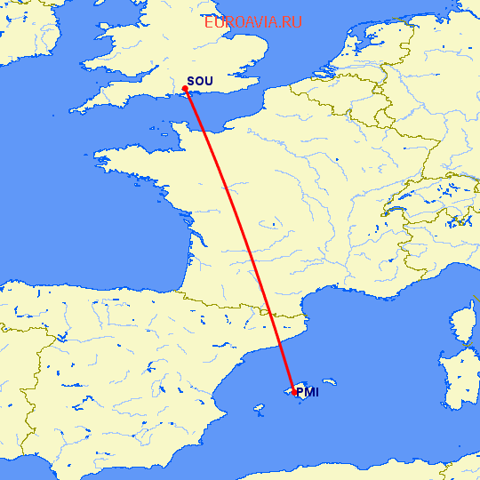 перелет Eastleigh near Southampton — Пальма де Майорка на карте