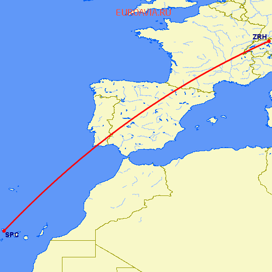 перелет Санта Крус де Ла Пальма — Цюрих на карте