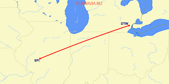 перелет Спрингфилд — Детройт на карте