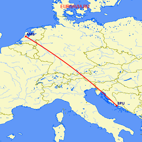 перелет Сплит — Амстердам на карте