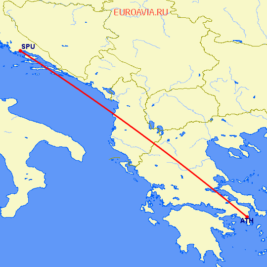 перелет Сплит — Афины на карте