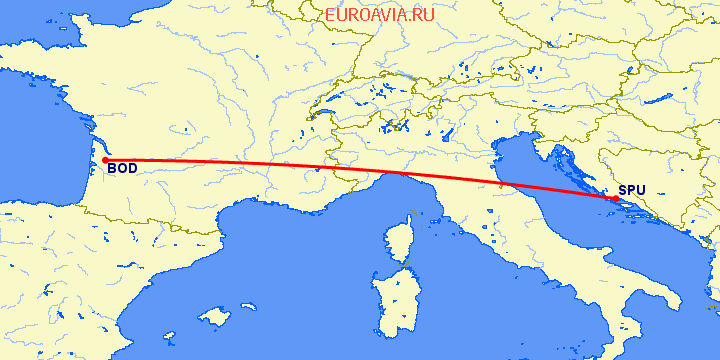 перелет Сплит — Бордо на карте