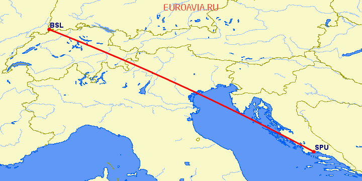 перелет Сплит — Базель-Мюлуз на карте