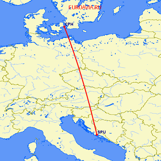 перелет Сплит — Копенгаген на карте