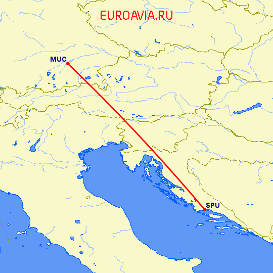перелет Сплит — Мюнхен на карте