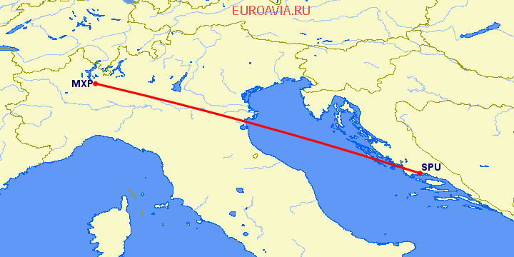 перелет Сплит — Милан на карте