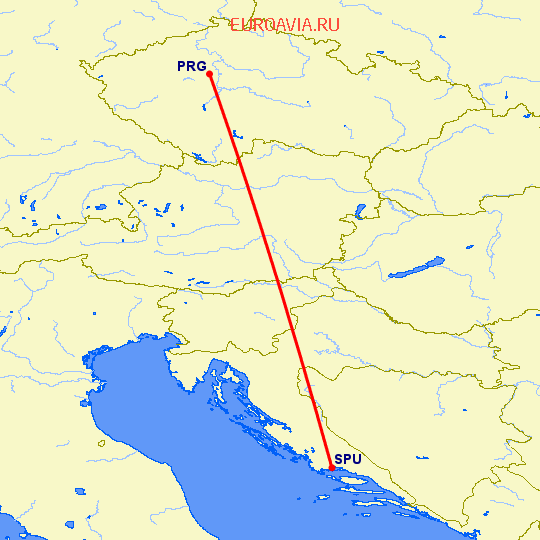 перелет Сплит — Прага на карте