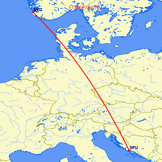 перелет Сплит — Ставангер на карте
