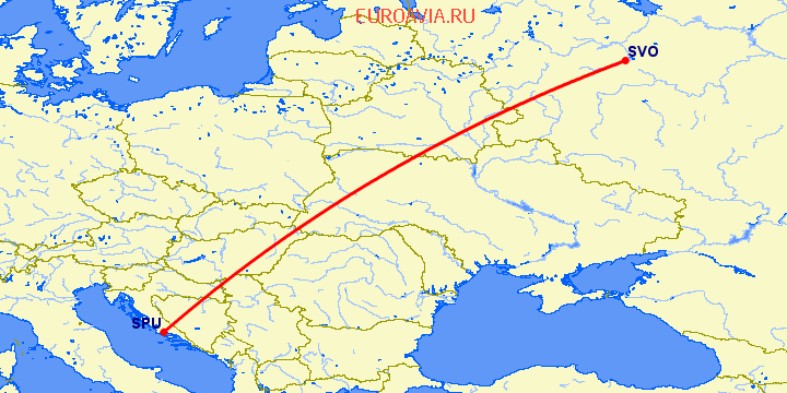 перелет Сплит — Москва на карте