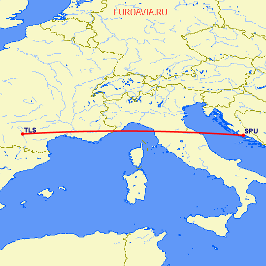 перелет Сплит — Тулуза на карте