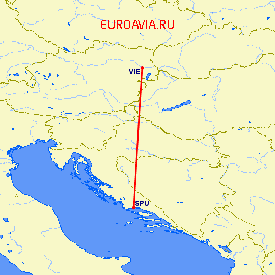 перелет Сплит — Вена на карте
