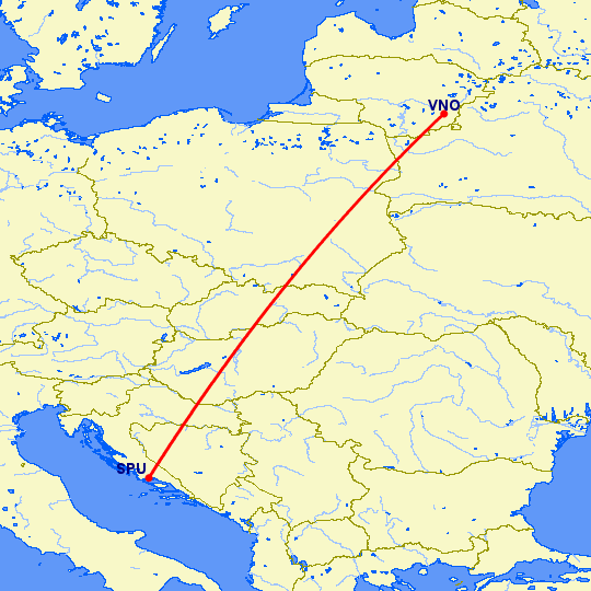 перелет Сплит — Вильнюс на карте