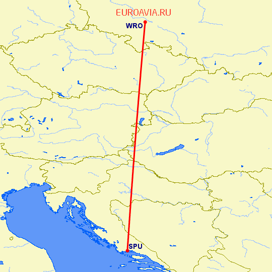 перелет Сплит — Вроцлав на карте