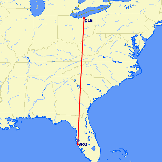 перелет Сарасота — Кливленд на карте