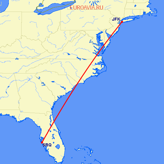 перелет Сарасота — Нью Йорк на карте