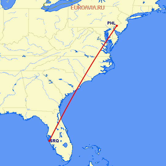 перелет Сарасота — Филадельфия на карте