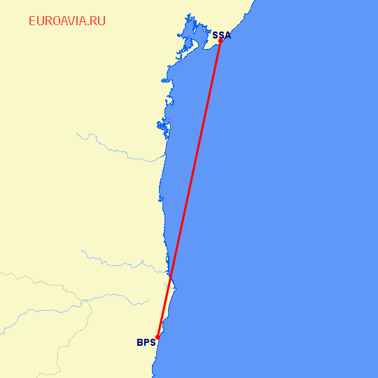 перелет Сальвадор — Порто Сегуро на карте
