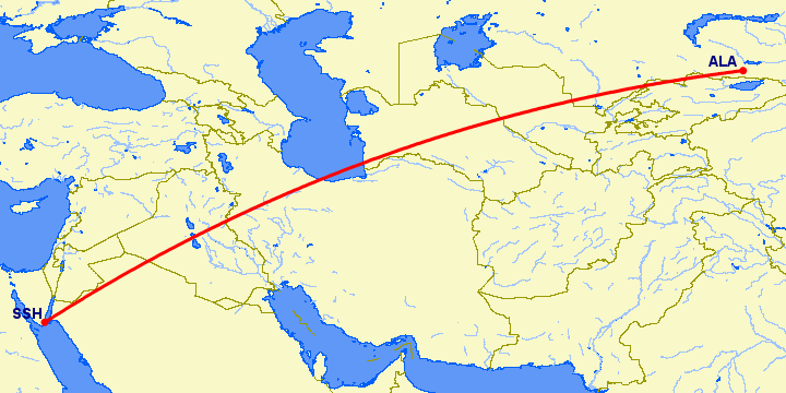 перелет Шарм эль Шейх — Алматы на карте