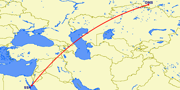 перелет Шарм эль Шейх — Омск на карте