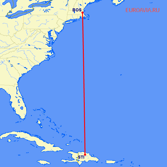 перелет Сантьяго — Бостон на карте