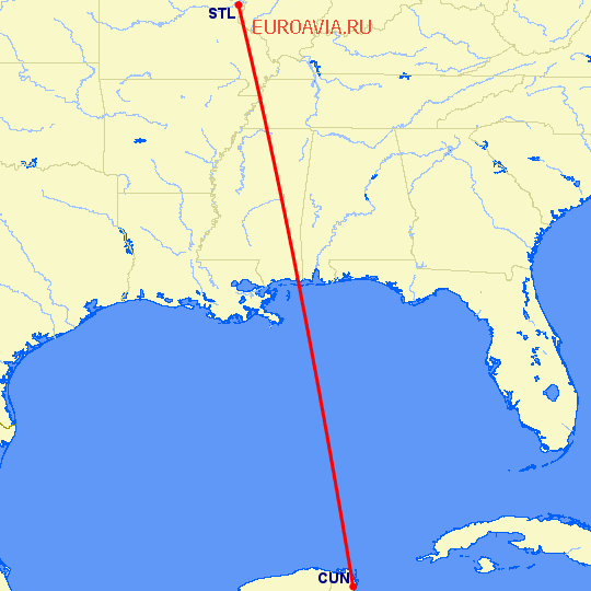 перелет Сент Луис — Канкун на карте