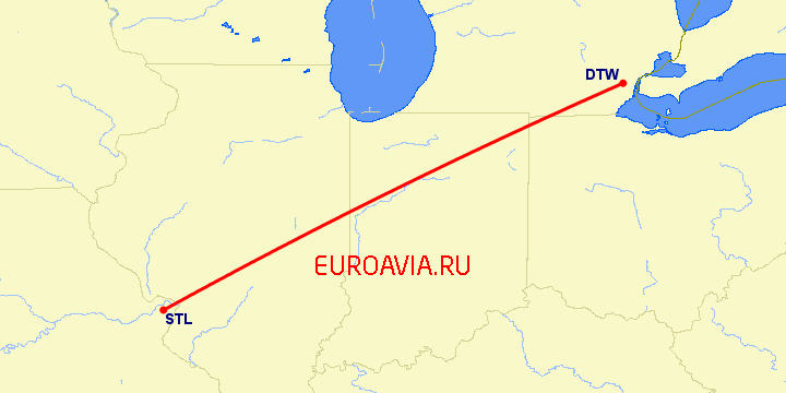 перелет Сент Луис — Детройт на карте