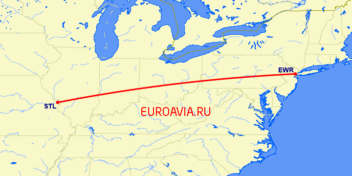 перелет Сент Луис — Ньюарк на карте