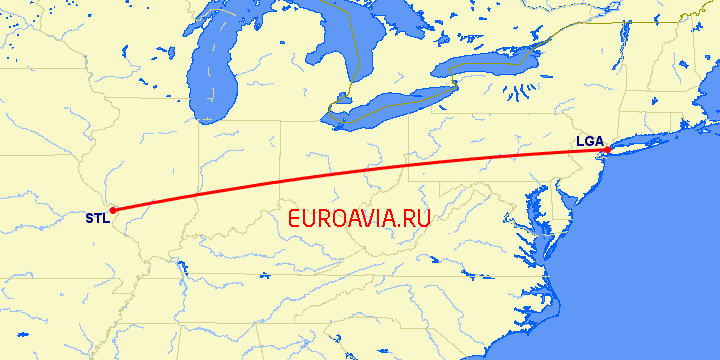 перелет Сент Луис — Нью-Йорк на карте